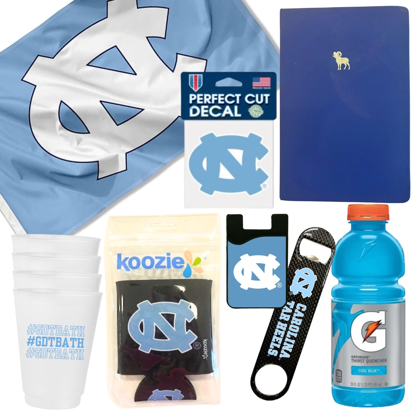 Collage of items in the UNC Fan Basket, including a UNC flag, bottle opener, GDTBATH cups, can cooler, phone card wallet, and Carolina blue Gatorade.