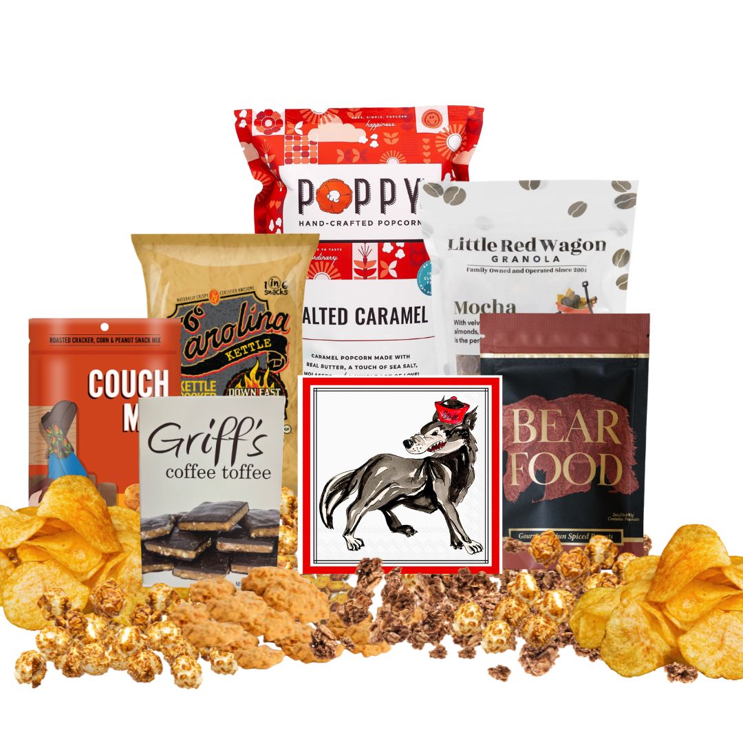 NC State Wolfpack gift basket contents with North Carolina gourmet popcorn, coffee toffee, and artisan treats