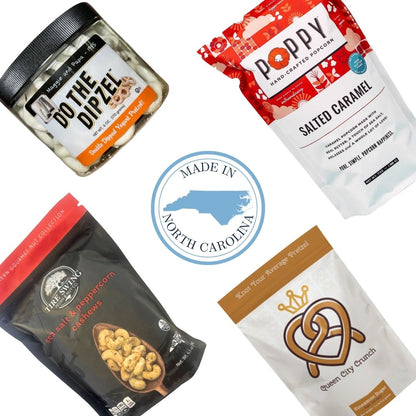 Collection of snacks and popcorn packages with a 'Made in North Carolina' badge.