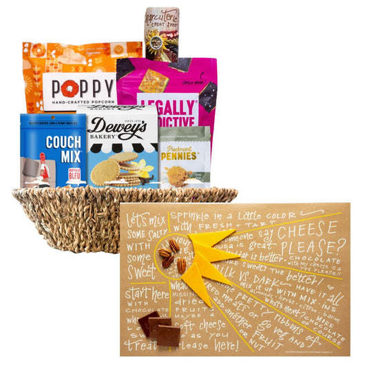 Sunburst Charcuterie Gift Basket with open charcuterie cheat sheet showcasing NC-made gourmet treats including popcorn, cookies, and cheese wafers.