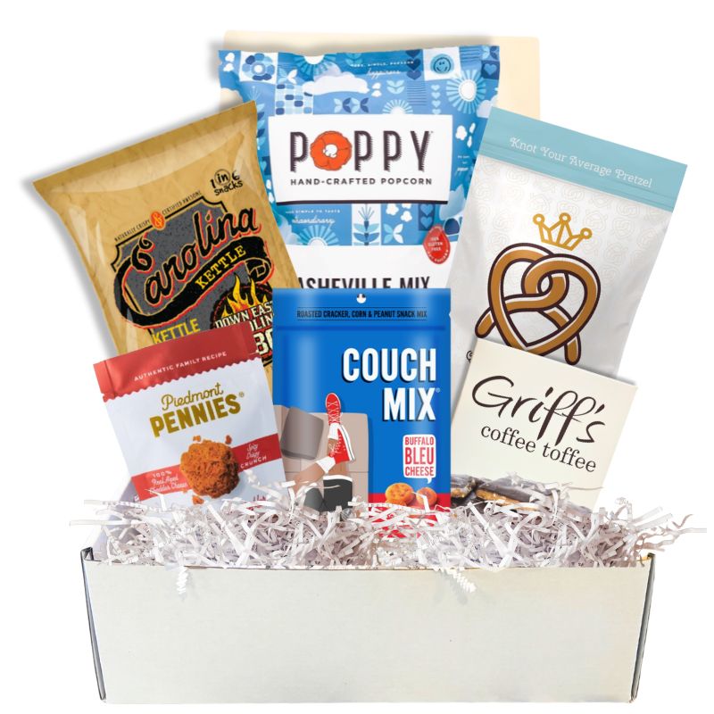 Gift box full of gourmet, made in North Carolina snacks to celebrate local flavors and small businesses