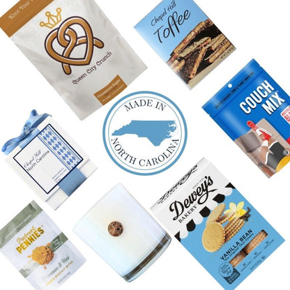 flat lay of NC made specialty products that are included in a Chapel Hill gourmet food box