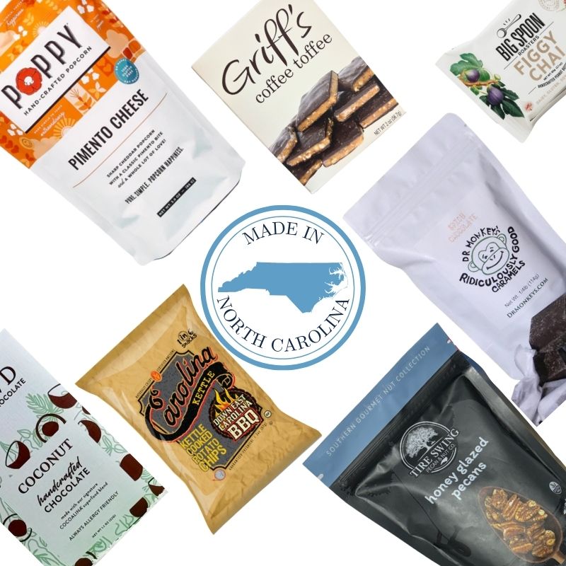 Collage of various gluten freefood product packages with a 'Made in North Carolina' badge in the center.