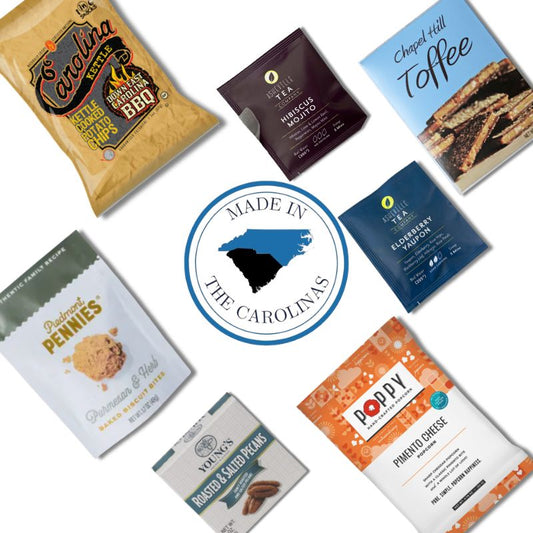 North Carolina gourmet gift box contents with Chapel Hill Toffee, caramels, and Carolina artisan treats