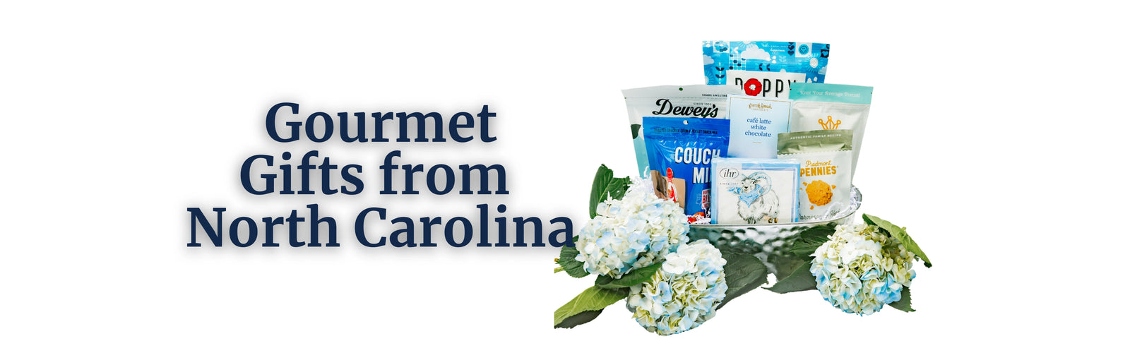 Gourmet gifts from North Carolina with flowers on a white background