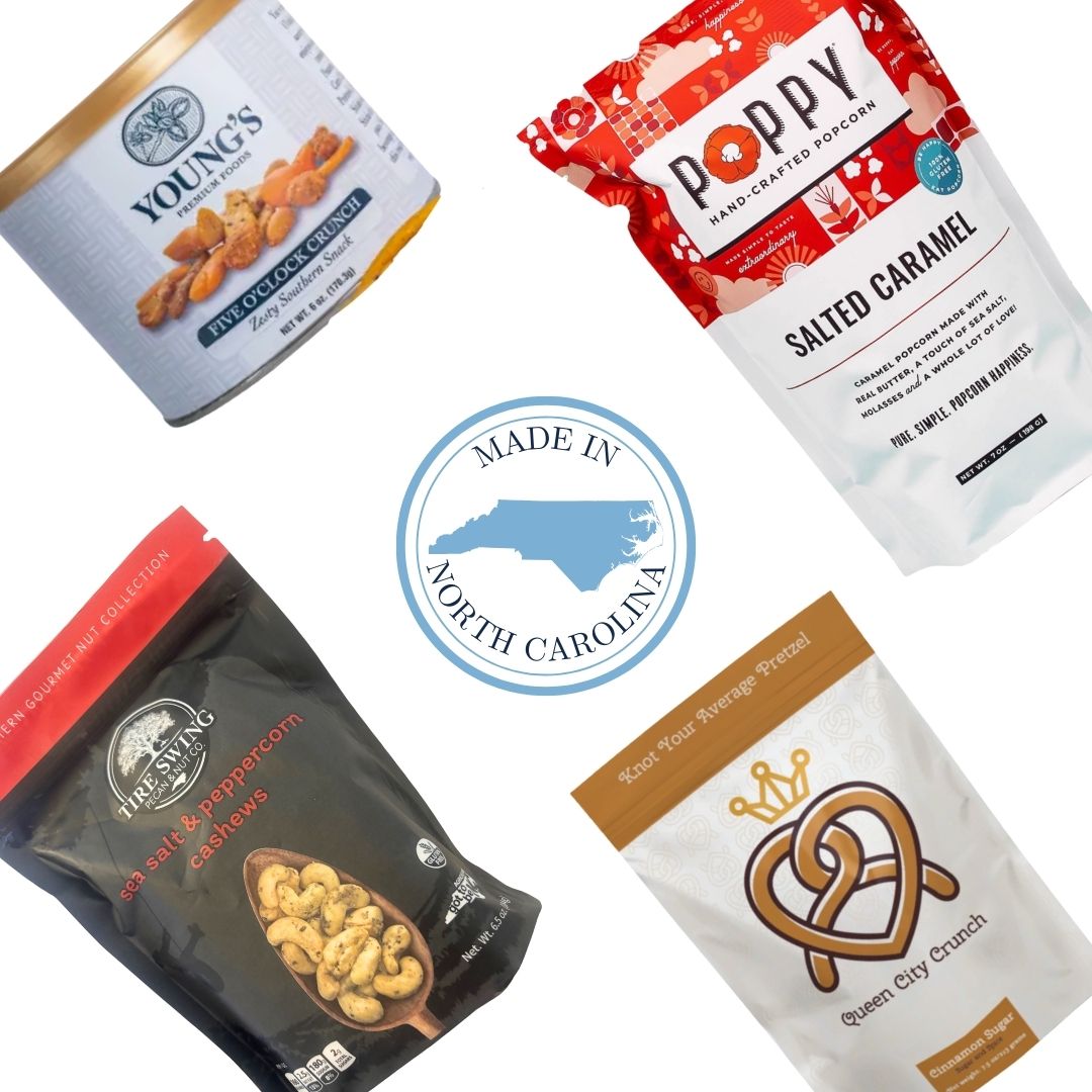 Collection of snacks and popcorn packages with a 'Made in North Carolina' badge.