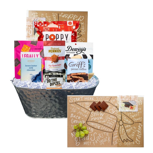 Graduation Charcuterie Gift Basket featuring NC-made gourmet snacks, a reusable charcuterie guide, and a hammered tin planter, perfect for celebrating Tar Heel grads.