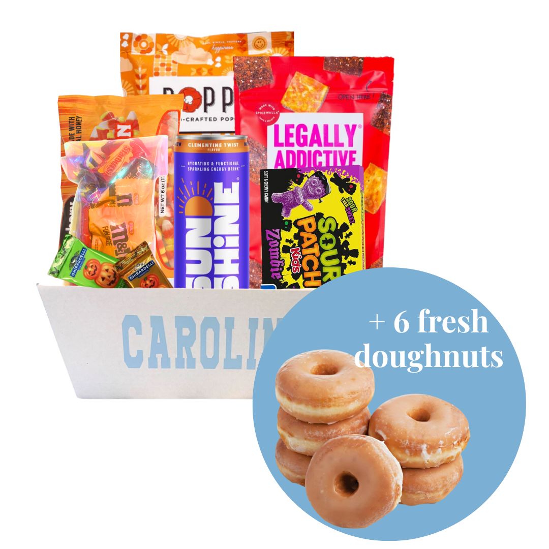Assorted Halloween candy packages in a white basket with a side view of donuts on a blue circle.