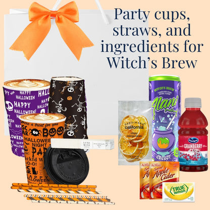 Halloween-themed party supplies including cups, straws, and ingredients on a beige background.