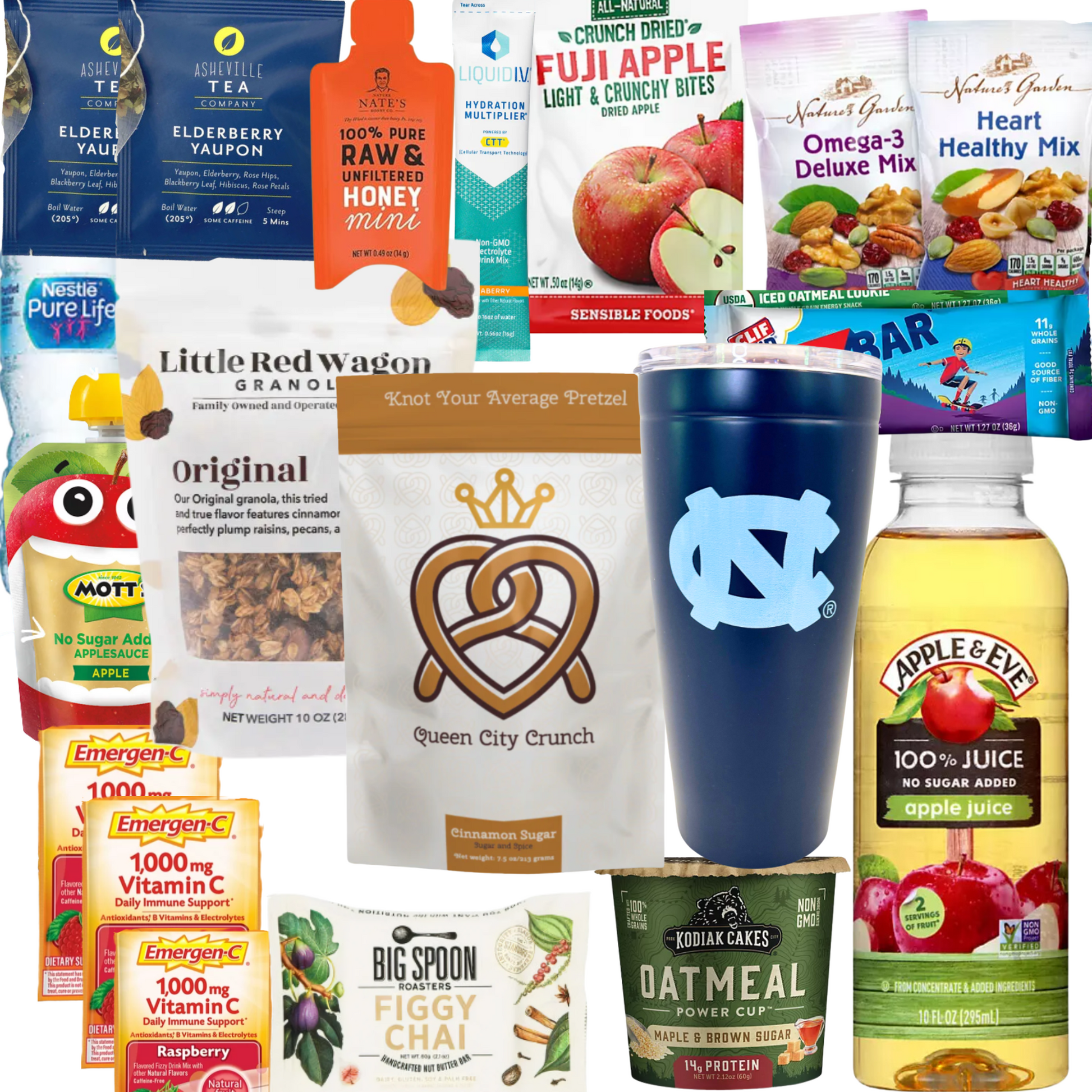 contents of gift basket for students at University of North Carolina at Chapel Hill for those who prefer healthier snacks while they study