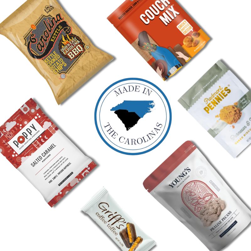 flat lay of north carolina made products in wedding welcome box for guests