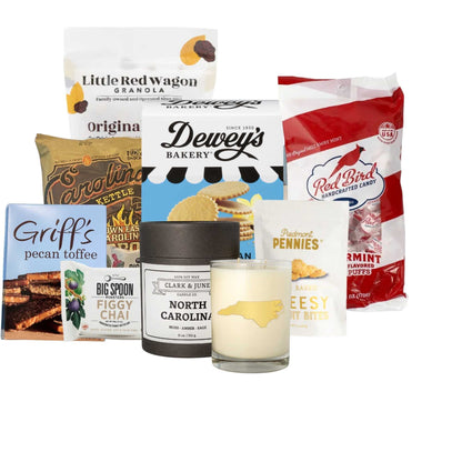 display of locally made products from North Carolina for gift bag for new home owners