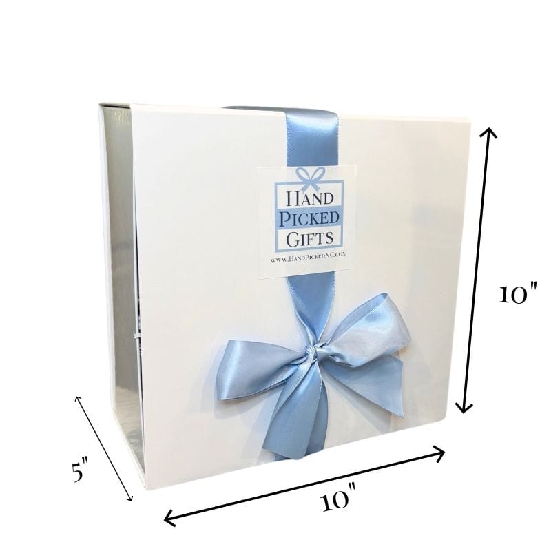 Gift box with a blue ribbon and 'Hand Picked Gifts' label, dimensions indicated.