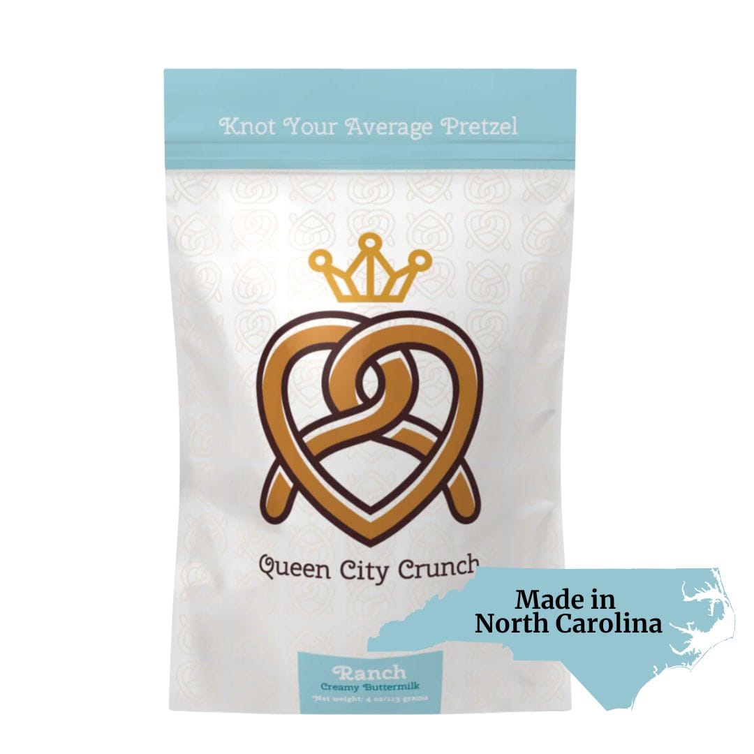 Queen City Crunch small-batch pretzels made in Charlotte NC featured in Handpicked Gifts NC gift baskets