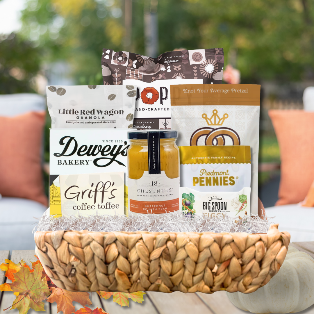 premium gift basket full of fall-flavored north carolina specialty gourmet foods