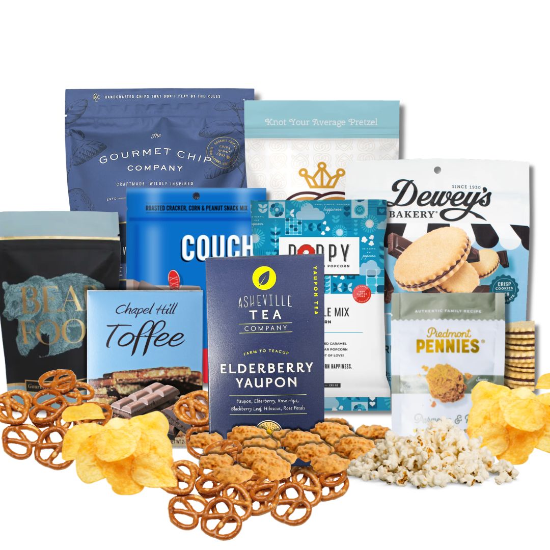 Premium North Carolina gourmet gift basket featuring Chapel Hill Toffee, Chips, and charcuterie items