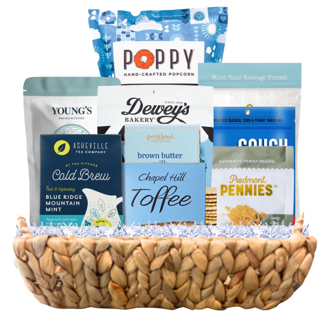  Luxury North Carolina artisan gift basket with handcrafted chocolates and gourmet treats in reusable 