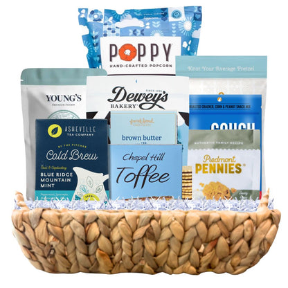  Luxury North Carolina artisan gift basket with handcrafted chocolates and gourmet treats in reusable 