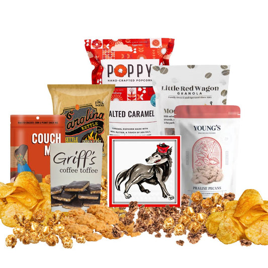 NC State Wolfpack gift basket contents with North Carolina gourmet popcorn, coffee toffee, and artisan treats