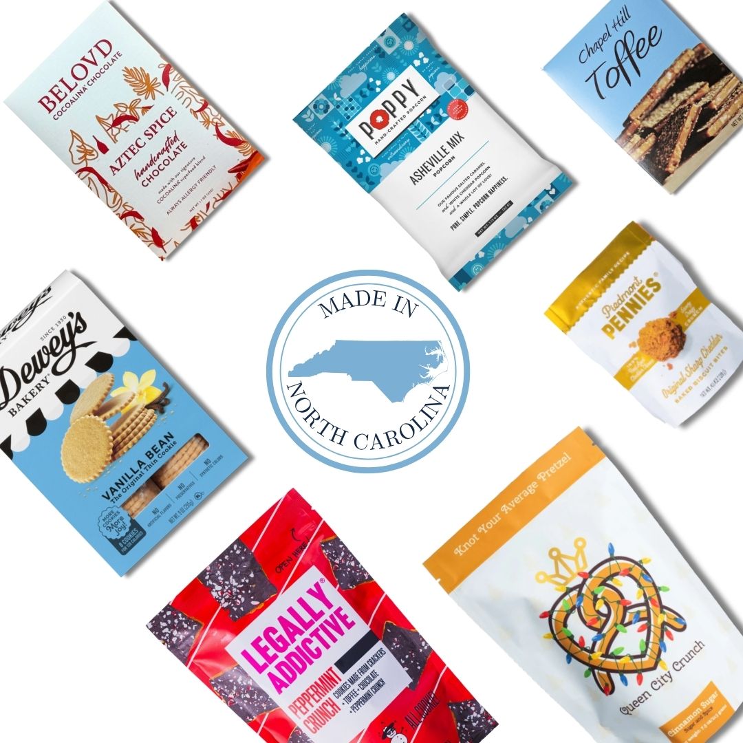 Assortment of North Carolina made treats that are part of the christmas festive gift box 