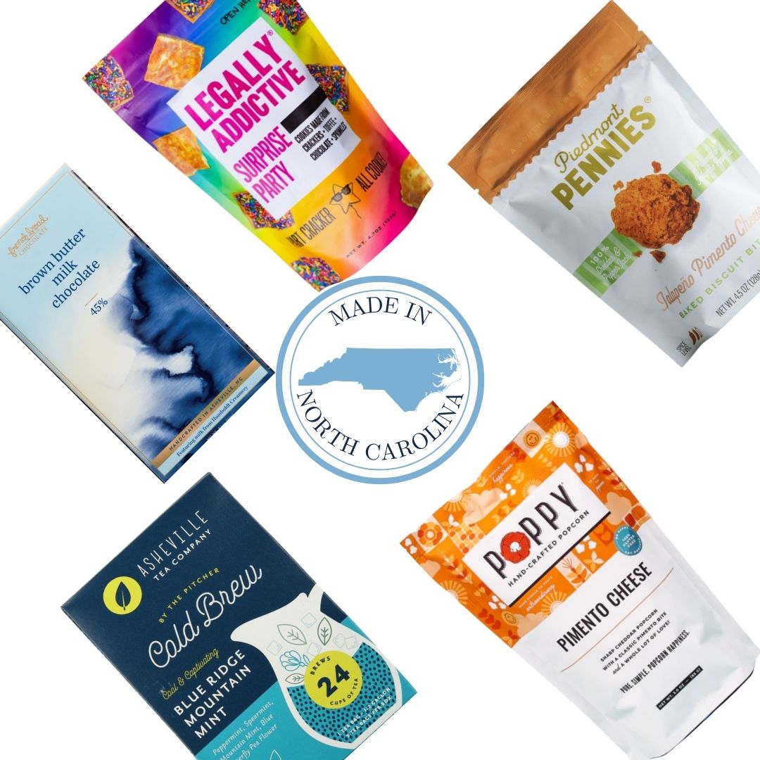 Collection of gourmet food products with a 'Made in North Carolina' badge on a white background