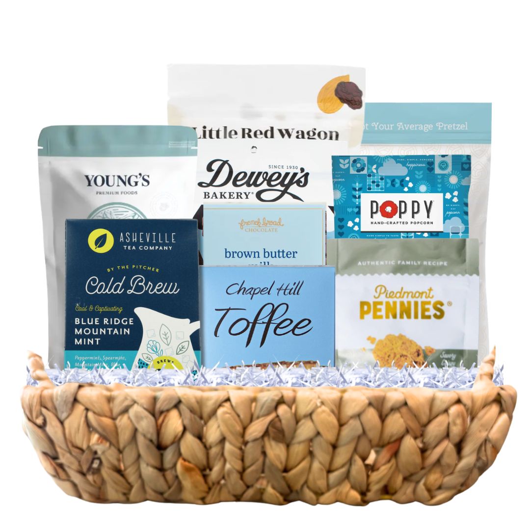  Luxury North Carolina artisan gift basket with handcrafted chocolates and gourmet treats in reusable 