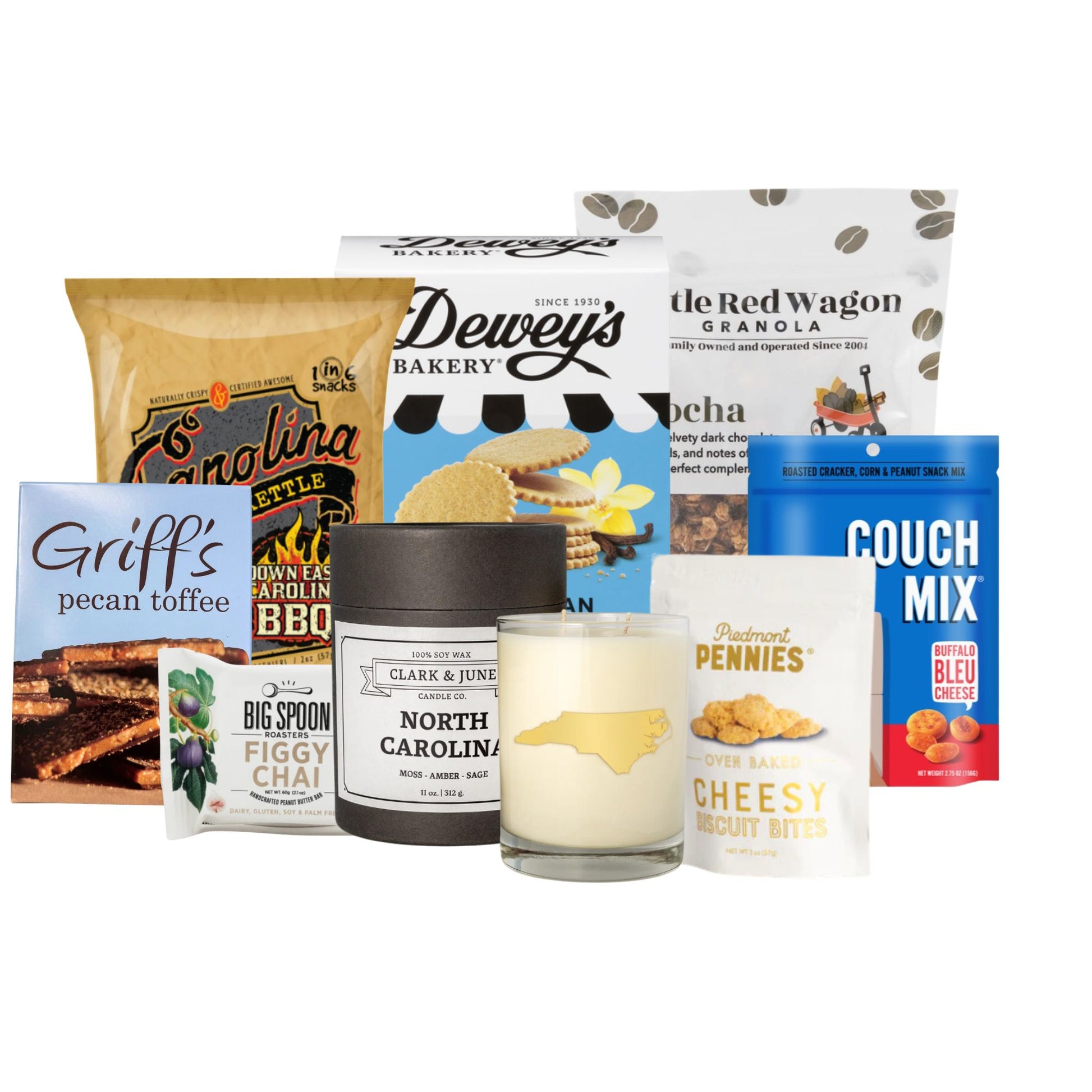 display of locally made products from North Carolina for gift bag for new home owners