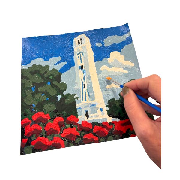 Paint by number kit of North Carolina State University's Memorial Bell Tower.Great gift for wolfpack alumni, students, staff, or fans.