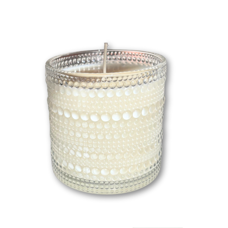 Unscented soy wax candle in a milky white glass jar with a modern geometric design, offering a clean, elegant look suitable for any home décor