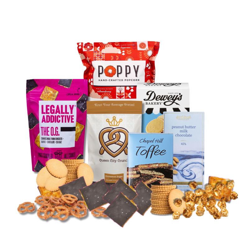 Luxury gift box with made in North Carolina gourmet foods and sweet indulgences, featuring all locally made in NC sweets for mothers day, easter, thinking of you, birthdays, and more