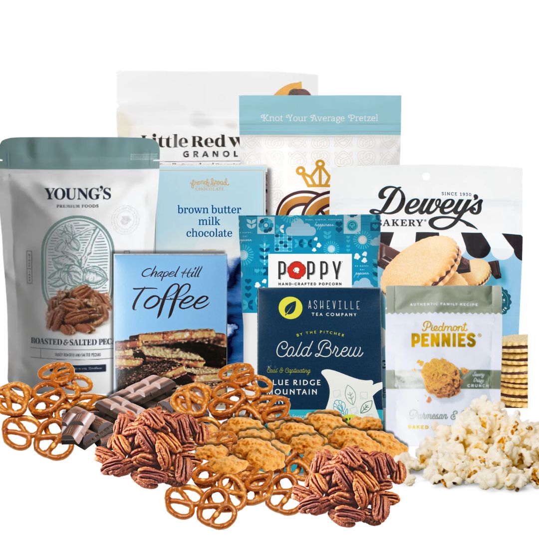 Premium North Carolina gourmet gift basket featuring Chapel Hill Toffee, artisan caramels, and honey pecans