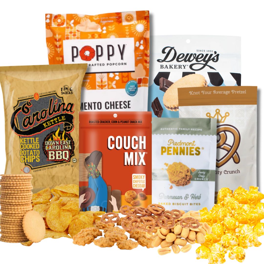 Display image of the Carolina Crafted Gift Basket with all North Carolina-made snack items arranged neatly, featuring loose popcorn, pretzels, and chips in front for a styled, appetizing look.