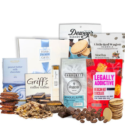 Gourmet gift box containing chocolate and coffee flavored foods which are made in North Carolina