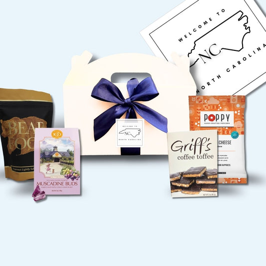gable box filled with NC-made specialty gourmet foods to welcome guests to your event