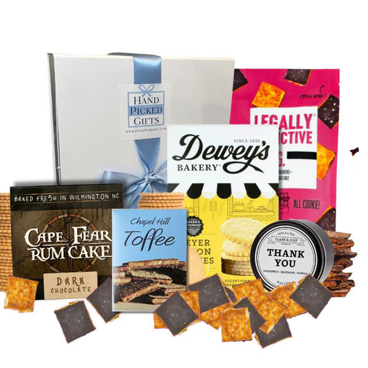 North Carolina thank you gift basket with artisan sweet treats and Chapel Hill keepsake candle