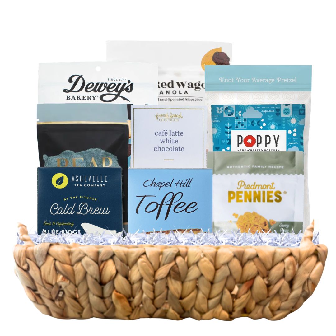  Luxury North Carolina artisan gift basket with handcrafted chocolates and gourmet treats in reusable