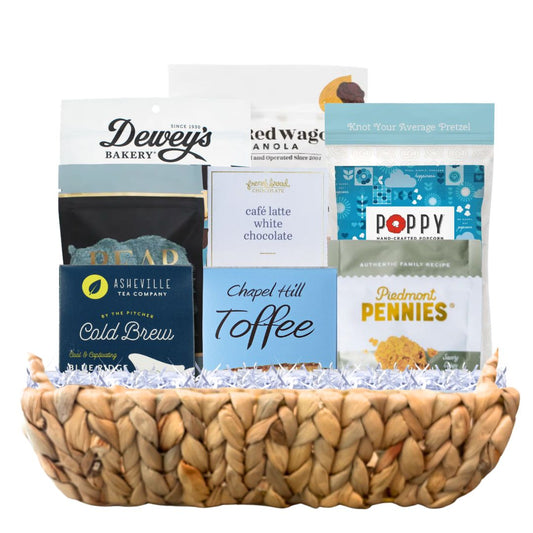  Luxury North Carolina artisan gift basket with handcrafted chocolates and gourmet treats in reusable
