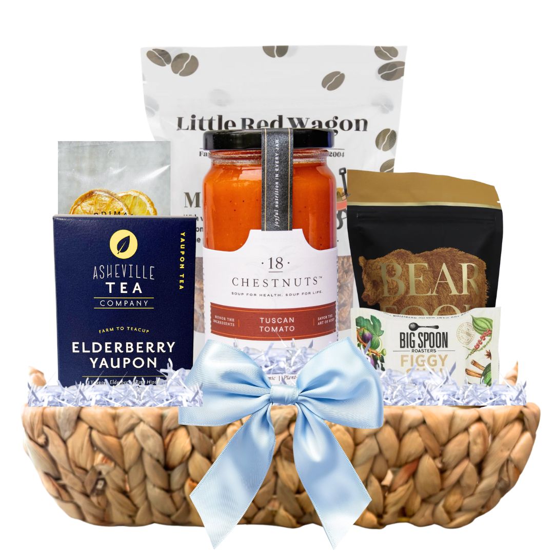 Healthy gift basket with North Carolina artisan treats, vegan soup, and wellness snacks in reusable basket