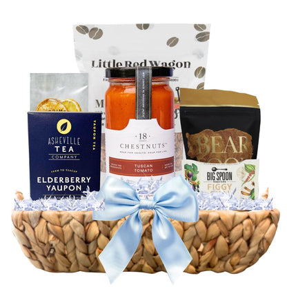 Healthy gift basket with North Carolina artisan treats, vegan soup, and wellness snacks in reusable basket