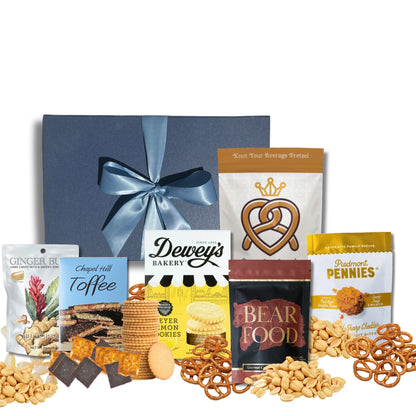 North Carolina snack gift box with artisan popcorn, BBQ chips, and gourmet treats from Carolina makers