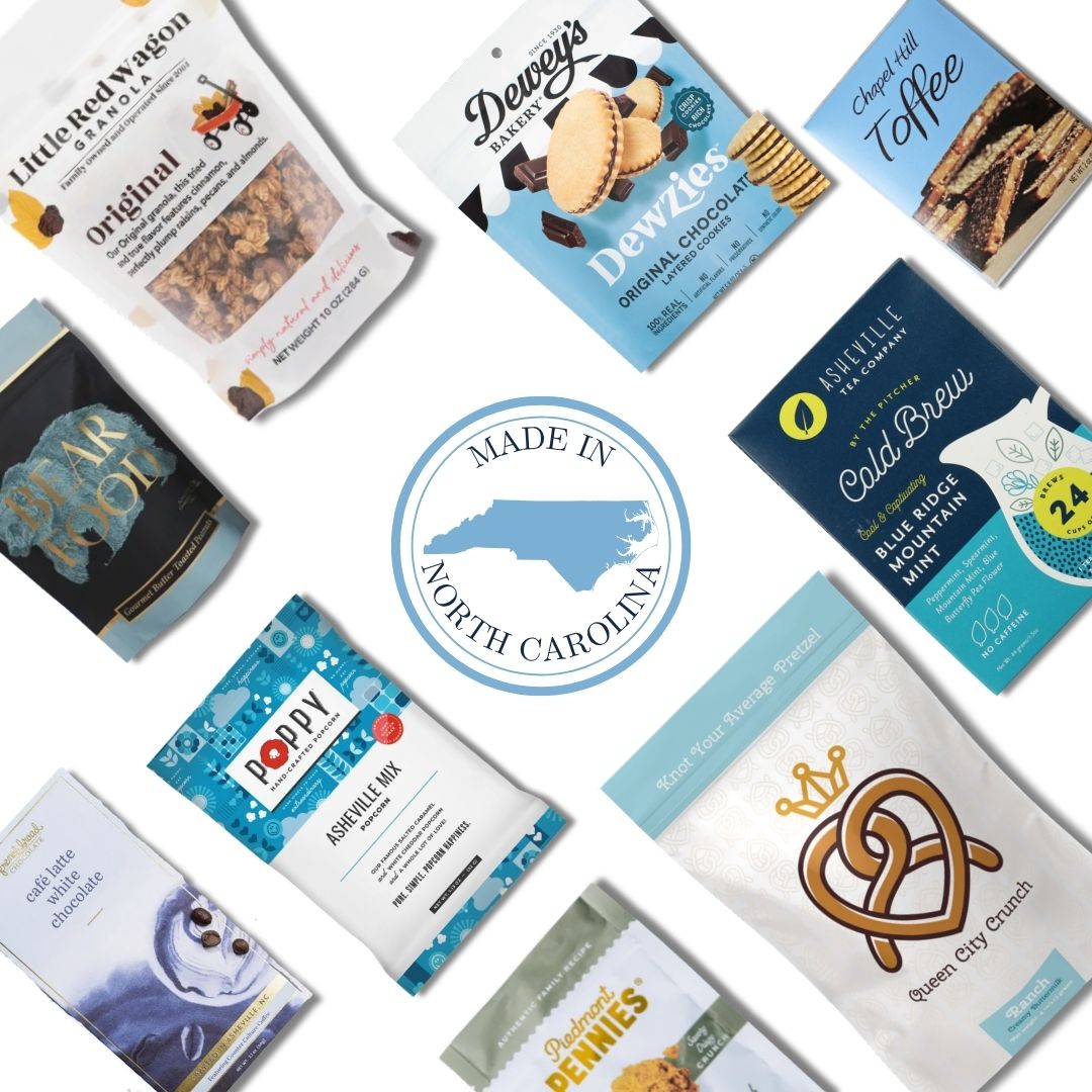 North Carolina artisan gift basket contents with locally made chocolates, toffee, and gourmet treats