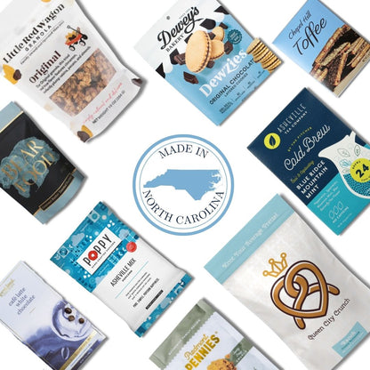 North Carolina artisan gift basket contents with locally made chocolates, toffee, and gourmet treats