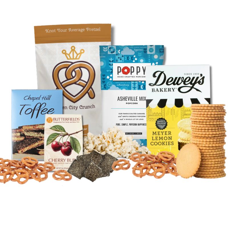 display of locally made gourmet foods from north Carolina in gift box