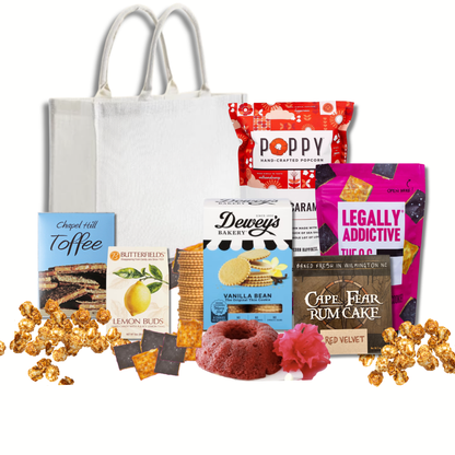 North Carolina gourmet sweet gift bag contents with Chapel Hill Toffee, cinnamon pretzels, and artisan treats