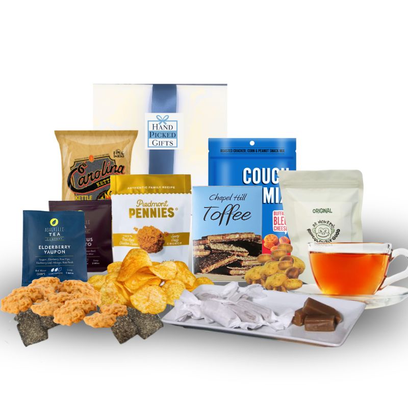 Assorted North Carolina-made snacks and treats including chips, cookies, and a cup of tea on a white background.