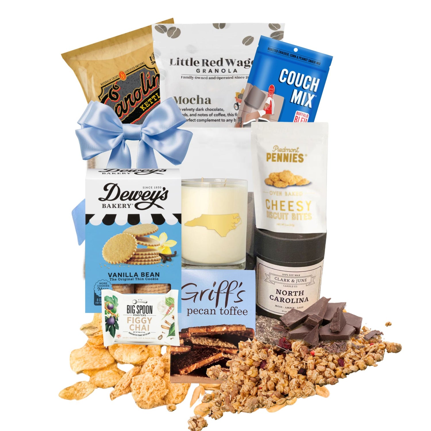 Jute gift bag filled with made in North Carolia products such as cookies, chips, and a candle. Great welcome gift for anyone moving to or visiting North Carolina