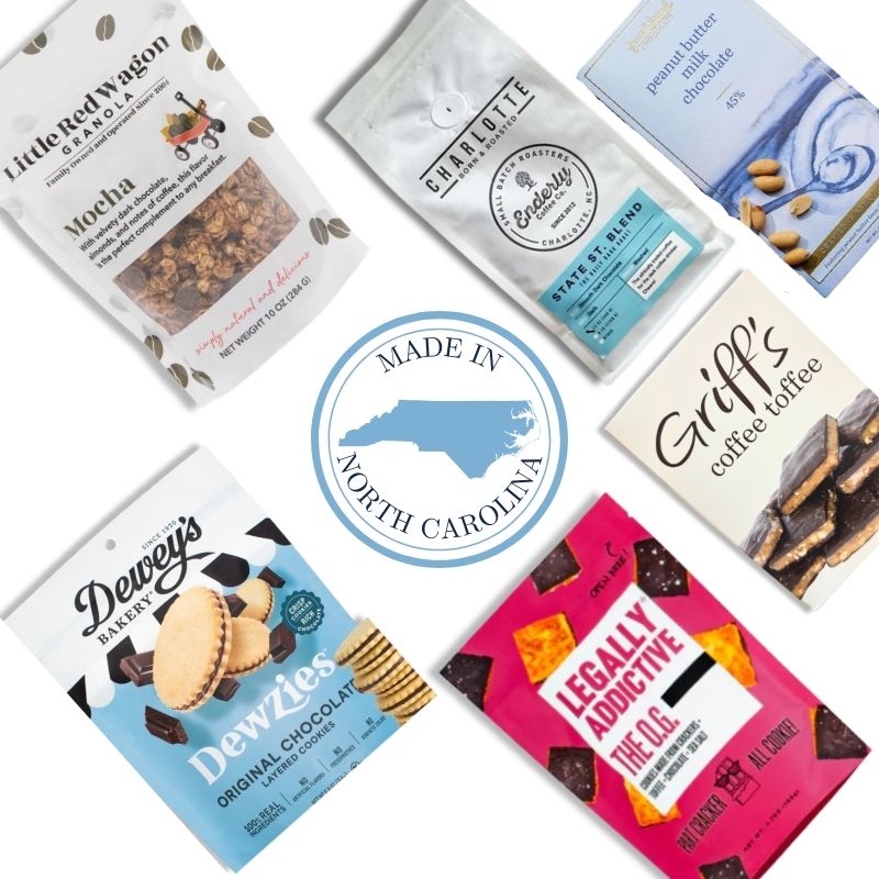 Flat lay of the NC Coffee & Chocolate Gift Box contents with a "Made in North Carolina" icon in the center, showcasing locally made sweets, coffee, and chocolate from NC artisans.