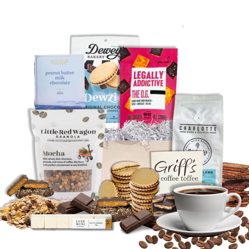 Luxury gift box full of North Carolina-made products with coffee and chocolate flavors. For the coffee and chocolate lover