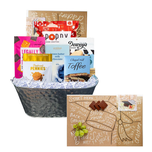  Graduation gift basket with North Carolina artisan treats and charcuterie guide in reusable tin 