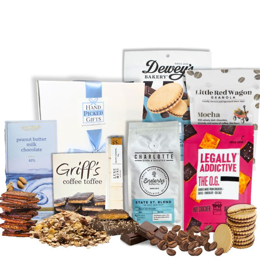 Gourmet gift box containing chocolate and coffee flavored foods which are made in North Carolina